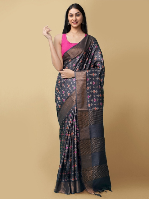 

Unnati Silks Grey & Blue Woven Design Zari Pure Silk Murshidabad silk Saree
