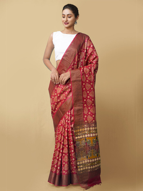 

Unnati Silks Red & Off White Ethnic Motifs Printed Zari Pure Silk Murshidabad silk Saree