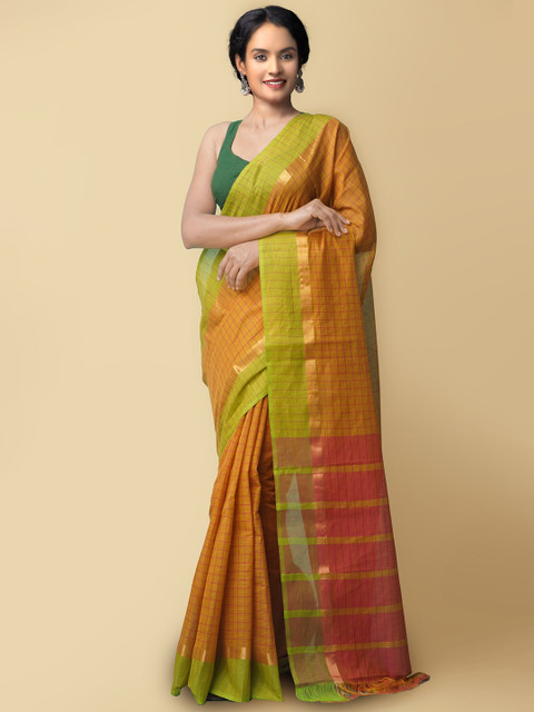 

Unnati Silks Mustard & Green Woven Design Pure Cotton Mangalagiri Saree