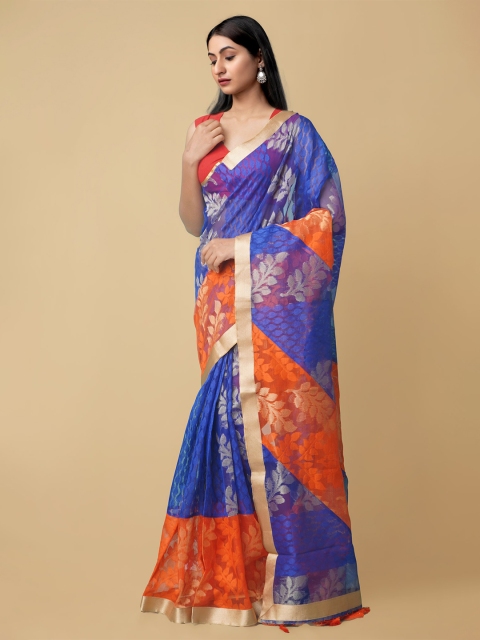 

Unnati Silks Blue & Orange Woven Design Silk Cotton Banarasi Saree
