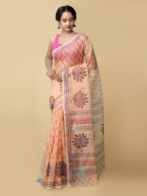 

Unnati Silks Peach-Coloured & Red Ethnic Motifs Supernet Block Print Saree