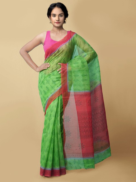 

Unnati Silks Green & Red Ethnic Motifs Block Printed Pure Cotton Kota Saree
