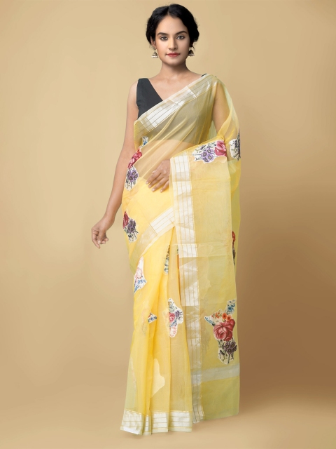 

Unnati Silks Yellow & Pink Ethnic Motifs Applique Organza Murshidabad silk Saree