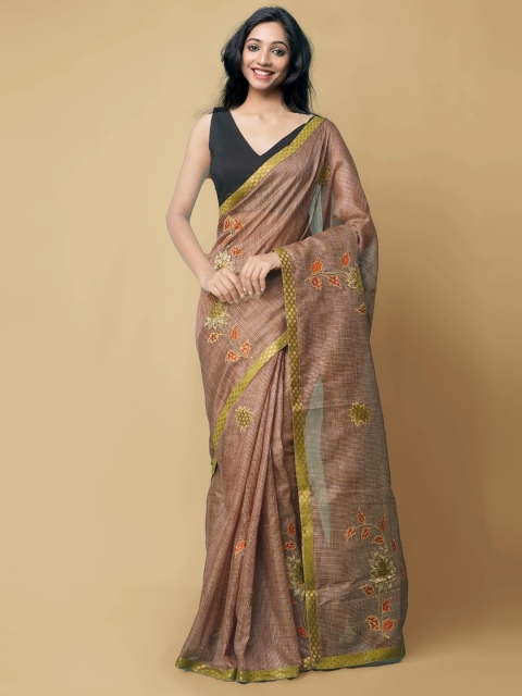 

Unnati Silks Beige & Green Embroidered & Checked Supetnet Saree