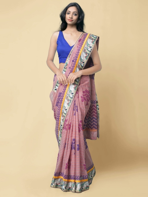 

Unnati Silks Pink & Blue Ethnic Motifs Printed Chanderi Art Silk Saree