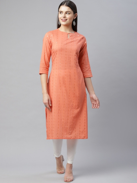 

HERE&NOW Women Orange Geometric Keyhole Neck Cotton Kurta
