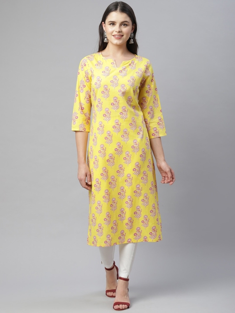 

HERE&NOW Women Yellow & Pink Ethnic Motifs Printed Cotton Kurta