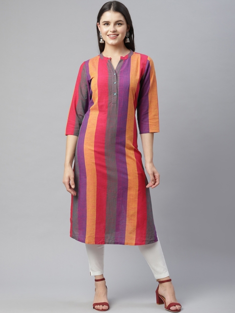 

HERE&NOW Women Purple & Orange Striped Thread Work Cotton Kurta