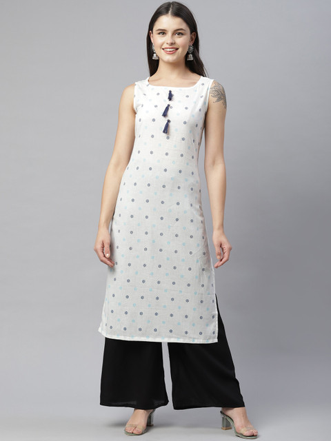 

HERE&NOW Women White & Blue Geometric Printed Kurta