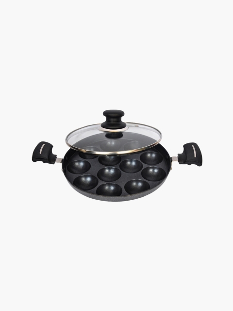 

Home Centre Black Solid Aluminium Appam Patra with Glass Lid