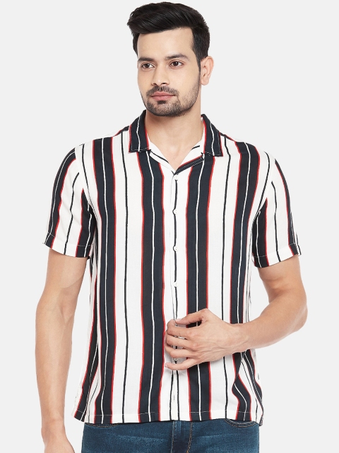 

People Men White & Navy Blue Slim Fit Opaque Striped Casual Shirt