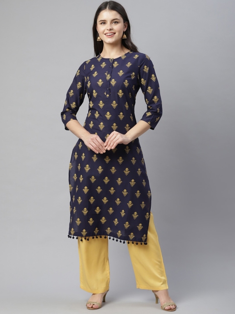 

HERE&NOW Women Navy Blue & Yellow Ethnic Motifs Printed Pure Cotton Kurta with Palazzos