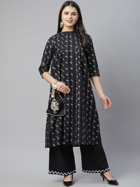 

HERE&NOW Women Black & White Floral Printed Empire Pure Cotton Kurta with Palazzos