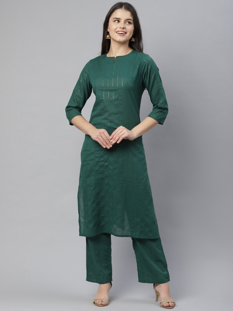 

HERE&NOW Women Green & Gold Striped Regular Pure Cotton Kurta with Trousers