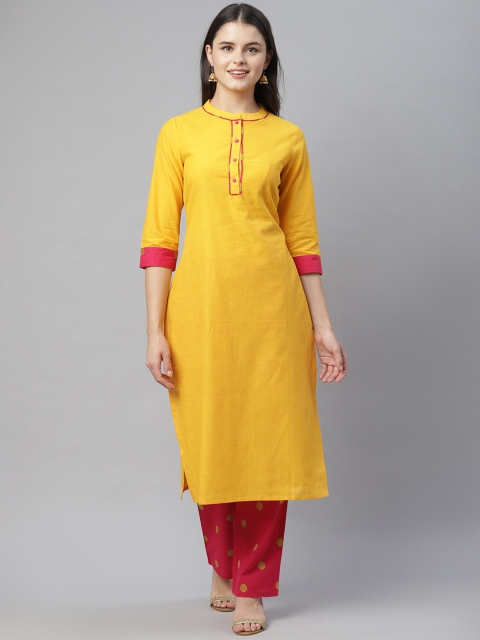 

HERE&NOW Women Mustard Yellow & Red Regular Pure Cotton Kurta with Trousers