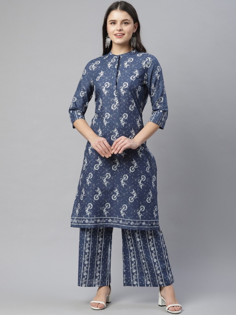 

HERE&NOW Women Navy Blue & White Ethnic Motifs Printed Pure Cotton Kurta with Palazzos