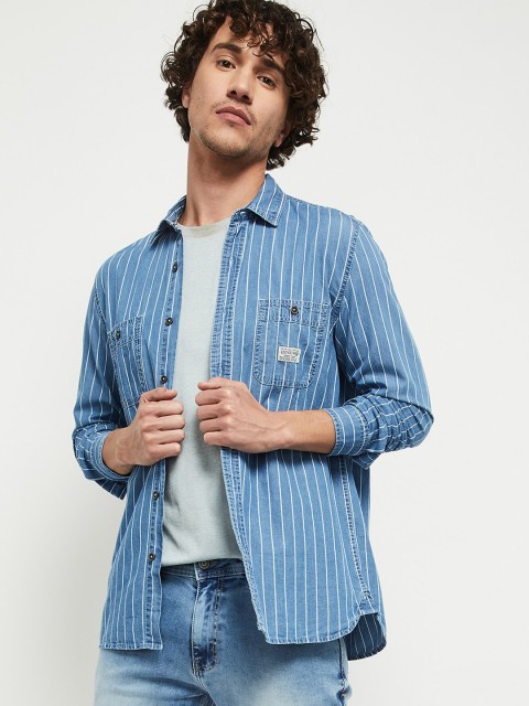 

max Men Blue & White Slim Fit Opaque Striped Pure Cotton Shacket