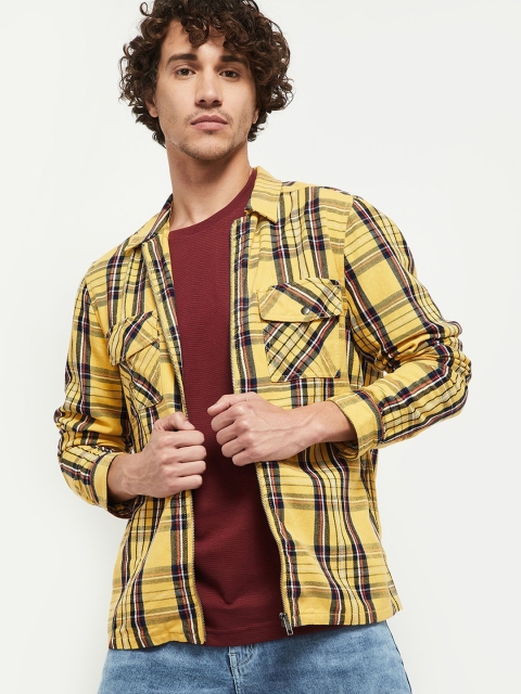 

max Men Mustard Yellow & Black Slim Fit Opaque Checked Pure Cotton Shacket
