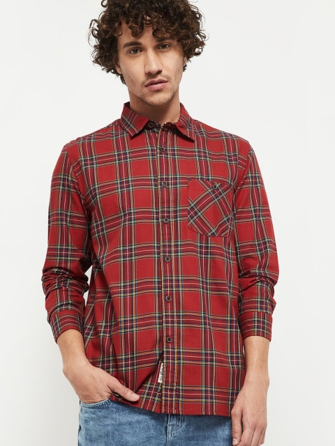 

max Men Red & Yellow Slim Fit Opaque Checked Pure Cotton Casual Shirt