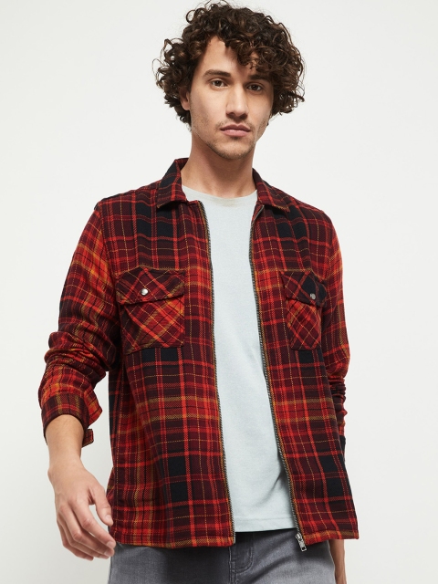 

max Men Red & Black Slim Fit Opaque Checked Pure Cotton Shacket