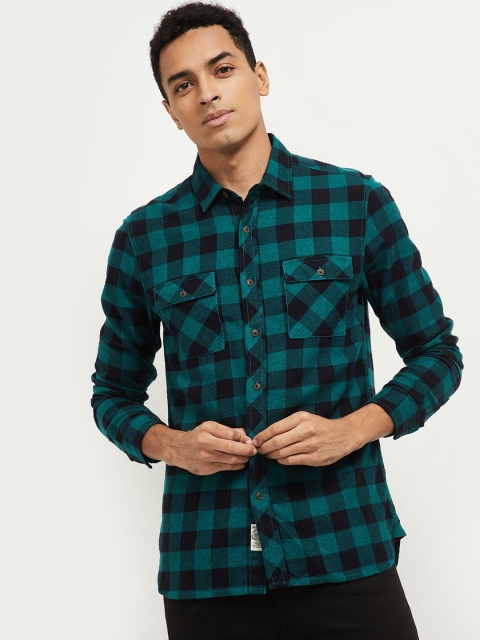 

max Men Green & Black Buffalo Checks Opaque Checked Pure Cotton Casual Shirt