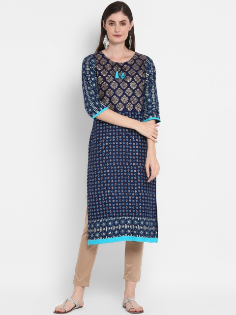 

ZOEYAMS Women Navy Blue & Gold-Toned Ethnic Motifs Printed Cotton Kurta