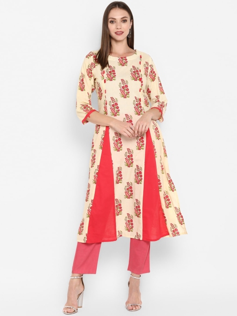 

ZOEYAMS Women Beige & Red Ethnic Motifs Printed Cotton Anarkali Kurta
