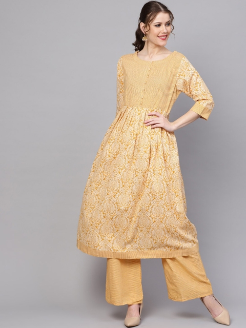 

ZOEYAMS Women Yellow & White Ethnic Motifs Printed Cotton Anarkali Kurta