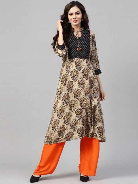 

ZOEYAMS Women Beige & Orange Ethnic Motifs Printed Anarkali Kurta
