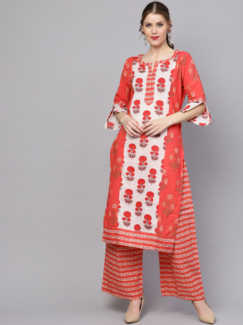 

ZOEYAMS Women Coral & White Ethnic Motifs Printed Cotton Kurta