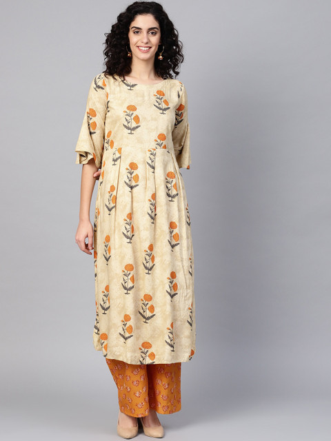 

ZOEYAMS Women Beige & Mustard Yellow Ethnic Motifs Printed Kurta