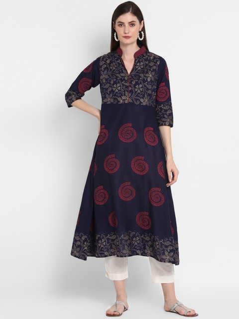 

ZOEYAMS Women Navy Blue & Red Ethnic Motifs Printed Cotton Anarkali Kurta