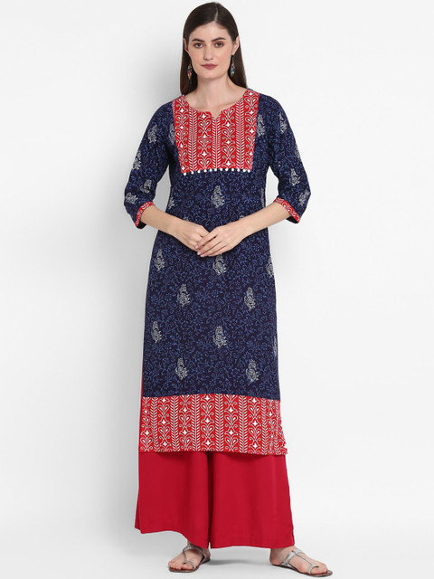 

ZOEYAMS Women Navy Blue & Red Ethnic Motifs Printed Cotton Kurta