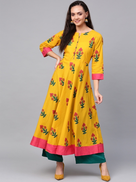 

ZOEYAMS Women Yellow & Pink Ethnic Motifs Printed Cotton Anarkali Kurta