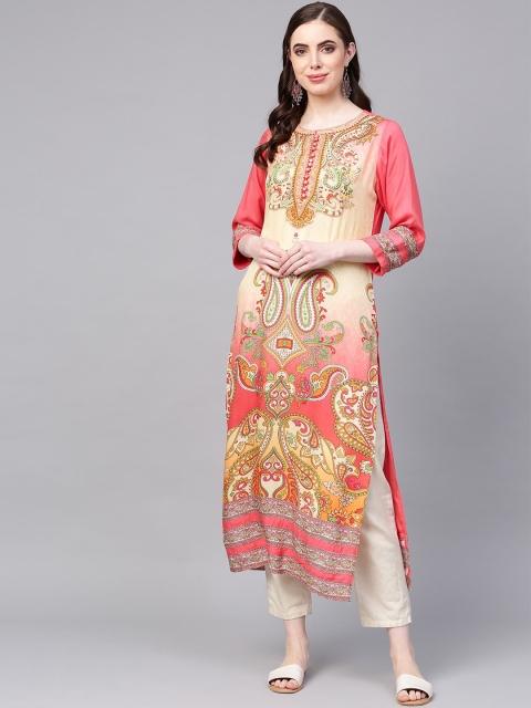 

ZOEYAMS Women Pink & Yellow Ethnic Motifs Printed Kurta