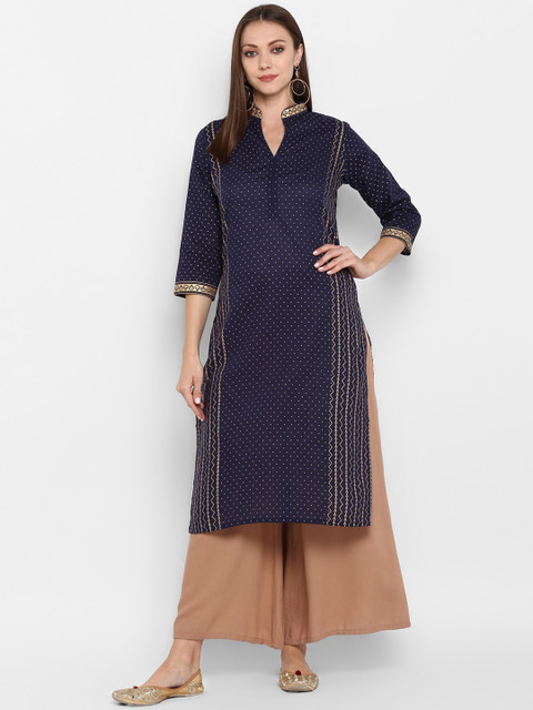 

ZOEYAMS Women Navy Blue & Gold-Toned Geometric Printed Cotton Kurta