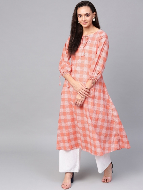

ZOEYAMS Women Coral & White Checked Cotton Anarkali Kurta