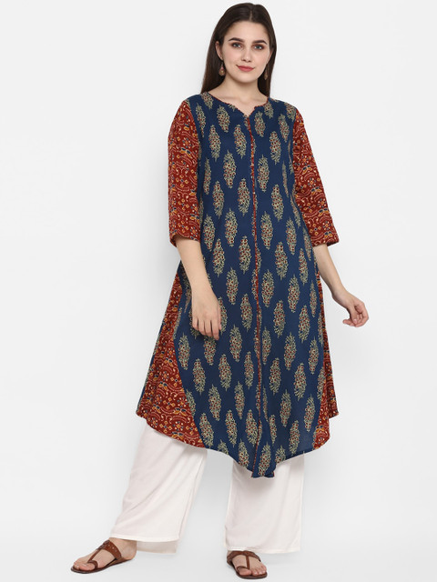 

ZOEYAMS Women Navy Blue & Maroon Ethnic Motifs Printed Cotton Kurta