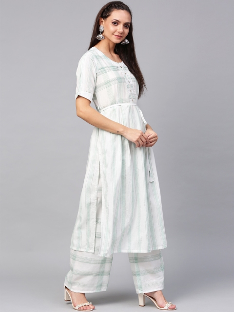 

ZOEYAMS Women White & Green Checked Cotton Kurta