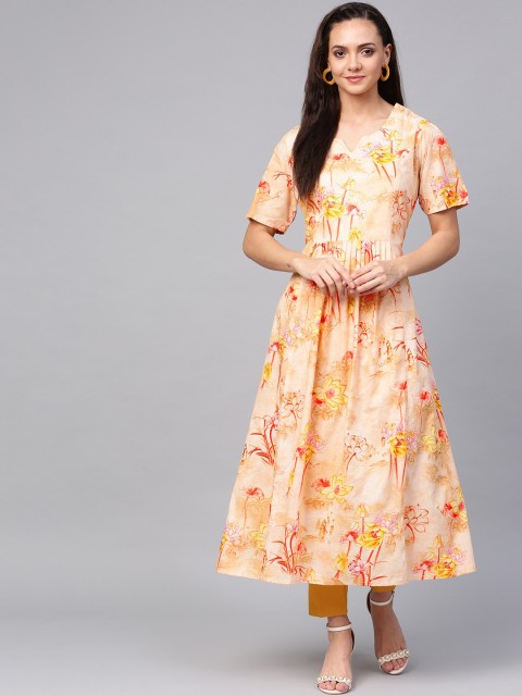 

ZOEYAMS Women Orange & Yellow Floral Printed Anarkali Kurta