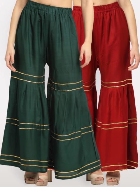 

NEUDIS Women Green & Maroon 2 Embellished Flared Ethnic Sharara Palazzos