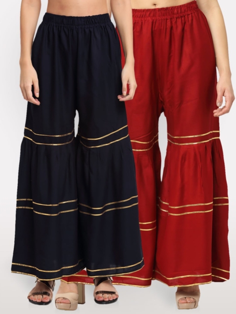 

NEUDIS Women Navy Blue & Maroon 2 Embellished Flared Ethnic Sharara Palazzos