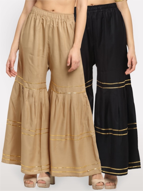 

NEUDIS Women Beige & Black 2 Embellished Flared Ethnic Sharara Palazzos