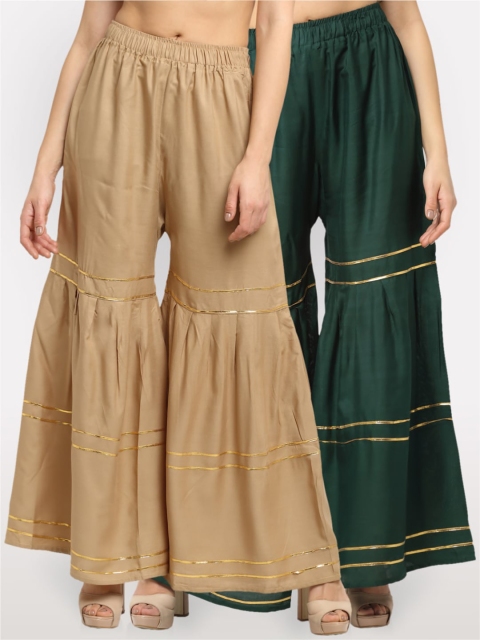 

NEUDIS Women Beige & Green 2 Embellished Flared Ethnic Sharara Palazzos