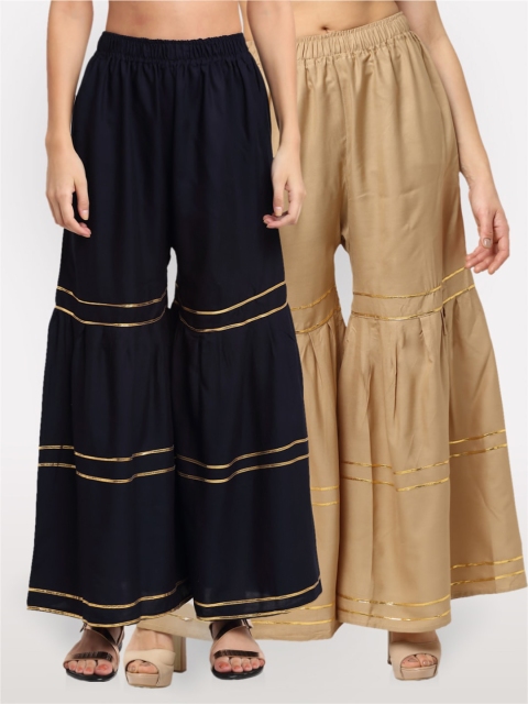 

NEUDIS Women Navy Blue & Brown Pack of 2 Striped Ethnic Palazzos