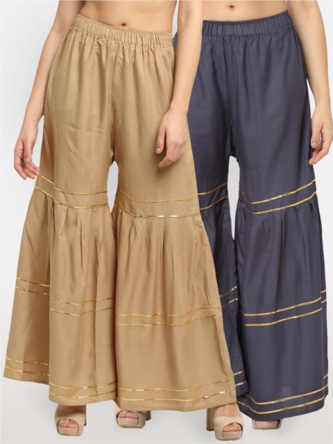 

NEUDIS Women Beige & Grey Pack of 2 Striped Ethnic Palazzos