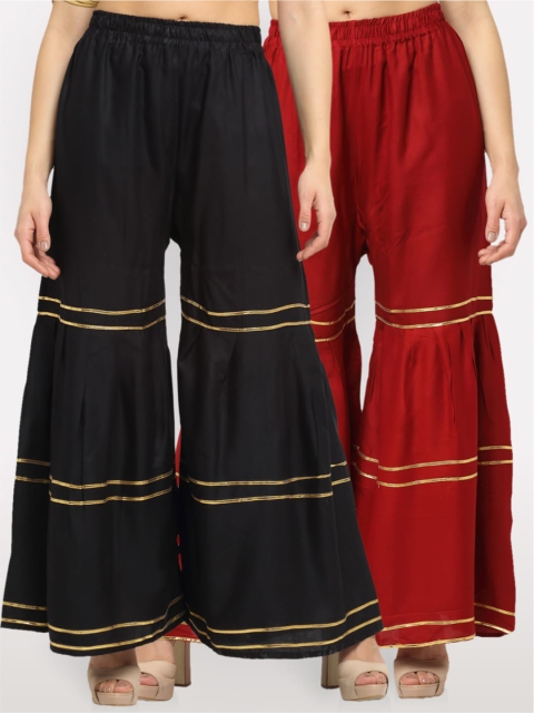 

NEUDIS Women Black & Maroon Pack of 2 Striped Ethnic Palazzos