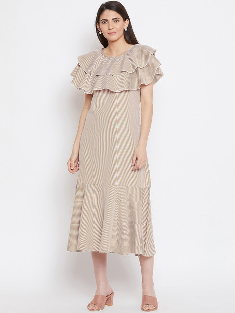 

Bitterlime Women Brown & White Striped A-Line Dress