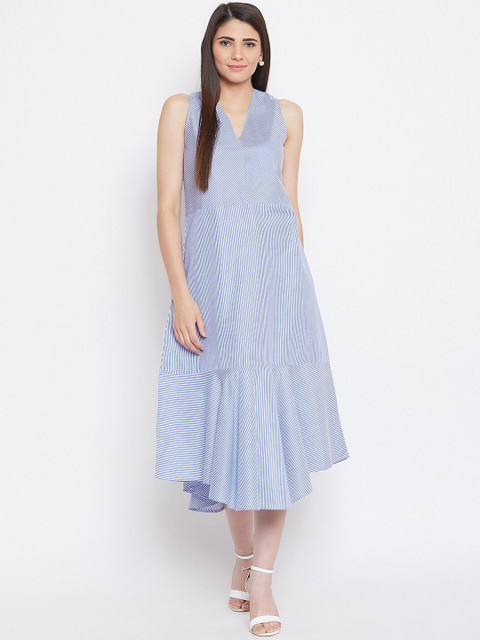 

Bitterlime Women Blue & White Striped A-Line Midi Dress