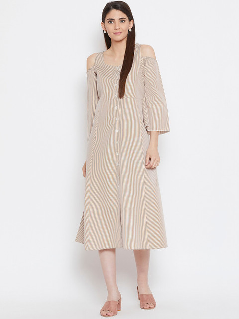 

Bitterlime Women Brown & White Striped A-Line Midi Dress